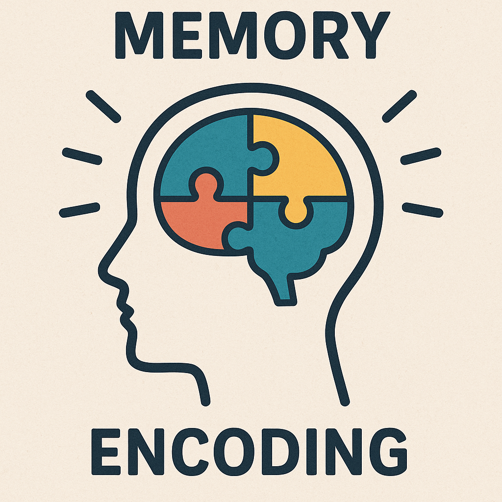 Illustration of a human head with puzzle pieces representing memory encoding and learning.